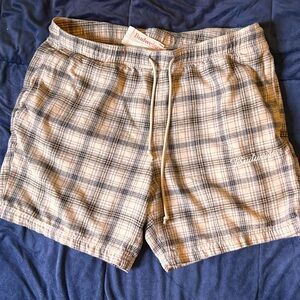 Budweiser Vintagr Beige and Navy Plaid Drawstring Shorts